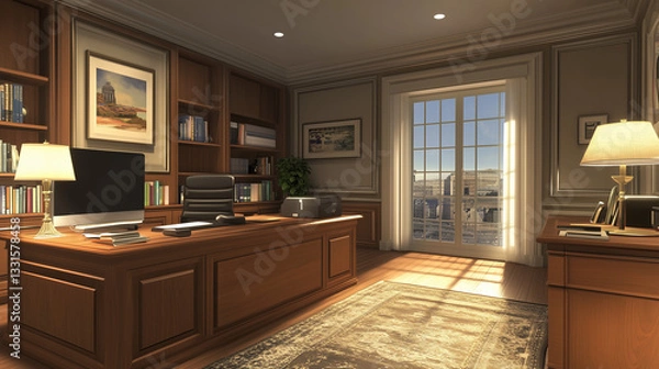 Fototapeta A luxuriously furnished office with a desk and shelving unit, bathed in soft light.