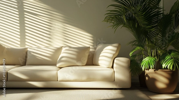 Fototapeta A bright, warm living room scene with sunlight streaming through window blinds. A cream-colored couch with pillows sits next to a potted plant.

