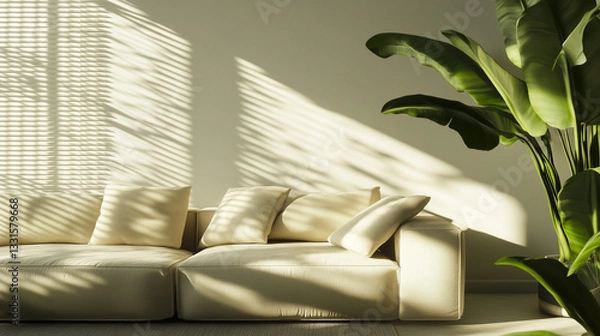 Fototapeta A cream-colored sofa sits in a sunlit room next to a green houseplant. Sunlight streams in through window blinds, casting shadows on the wall.

