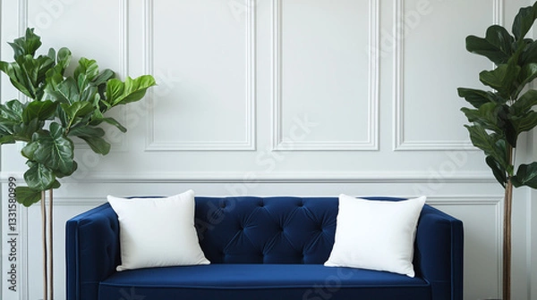 Fototapeta A blue couch with two white pillows sits against a paneled wall. Two fig plants flank the couch, one on each side.

