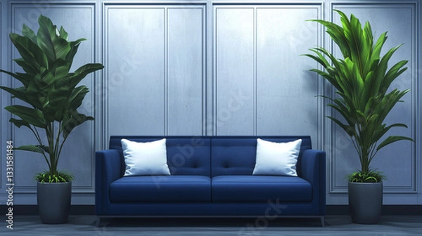 Fototapeta a blue sofa centered between two large potted plants. Two white pillows are on the sofa in front of a paneled wall.
