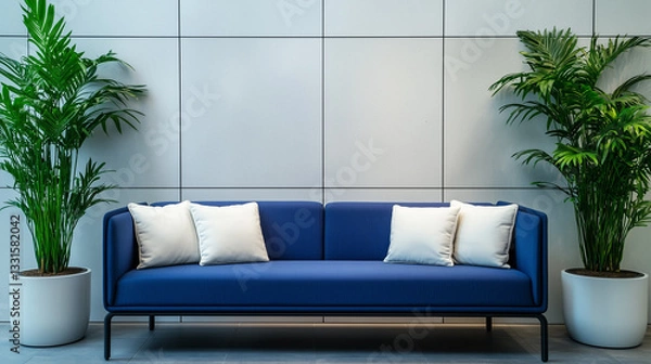 Fototapeta A blue couch with white pillows is centered in front of a gray, tiled wall. Two large potted plants flank the couch, completing the minimalist, modern interior.