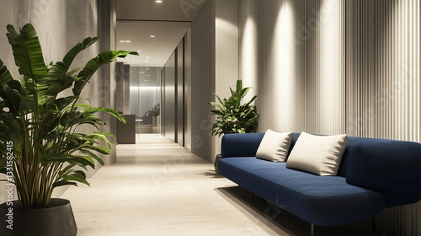 Fototapeta A modern corridor features a blue couch with white pillows, accented by potted plants on either side. 