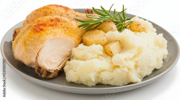 Obraz Juicy Roast Chicken with Creamy Mashed Potatoes and Rosemary Garnish