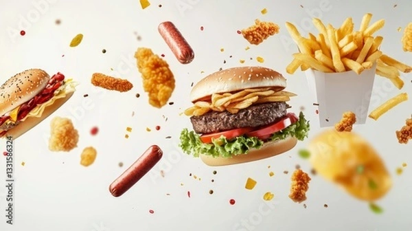 Obraz A creative fast food composition with various dishes including a floating burger steak French fries chicken sticks fried chicken and a hot dogsuspended in midair against a white