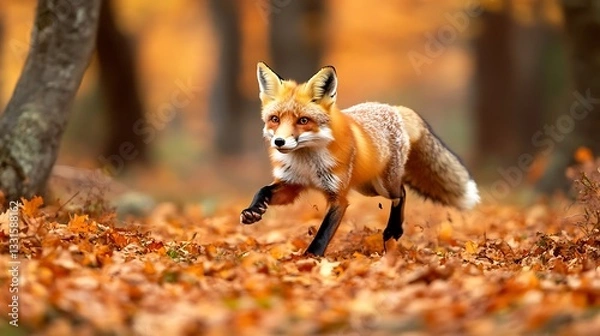Fototapeta Red Fox Running Through Autumn Leaves