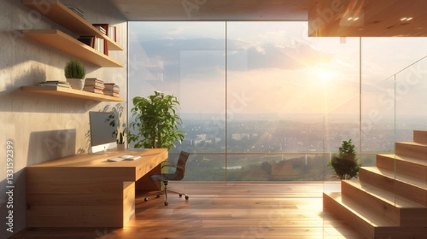 Fototapeta Modern home office interior design with floor-to-ceiling windows showing a sunrise cityscape view. Clean lines and natural materials.