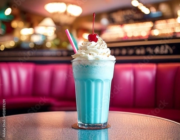 Fototapeta Bubblegum pastel blue milkshake in a glass topped with whipped cream and a red cherry and a straw, in a vintage 1950s style diner with pink booth seats in the background