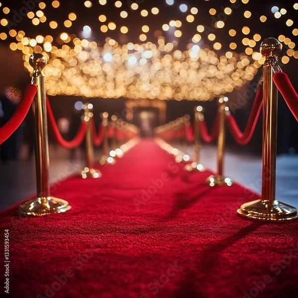 Fototapeta Dazzling Red Carpet Event with Gold Stanchions and Glamorous Lighting
