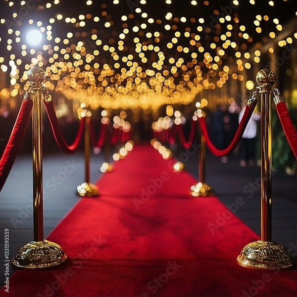 Fototapeta Dazzling Red Carpet Event with Gold Stanchions and Glamorous Lighting