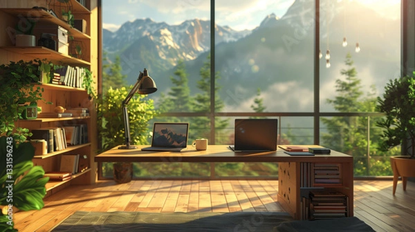 Fototapeta A bright, modern office space features floor-to-ceiling windows offering a scenic view of mountains and lush greenery. Two laptops sit on a wooden desk surrounded by plants and bookshelves.
