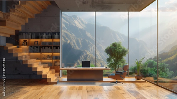 Fototapeta An office space with a large window showcasing a mountain view is depicted. The modern interior features wood floors, a minimalist desk, and natural light.