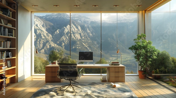 Fototapeta A modern, bright office overlooks a picturesque mountain range. The room features a large desk, a rolling chair, and a full bookcase.