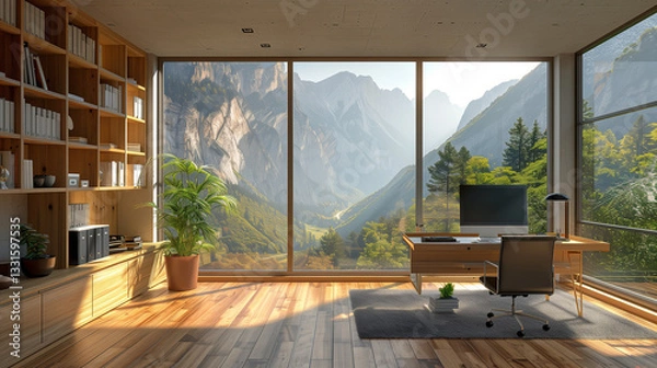 Fototapeta A modern home office features a desk, chair, and large windows with scenic mountain views,