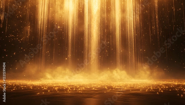 Fototapeta Golden Light Particles Cascading Over Reflective Surface Under A Dark Background.
