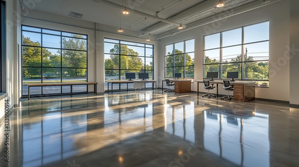 Fototapeta A bright, modern office space featuring large windows overlooking lush greenery. The polished concrete floors reflect the natural light, creating an open and airy atmosphere.