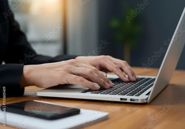 Obraz Close-Up of Woman's Hands Typing on Laptop at Wooden Desk with Smartphone and Notepad