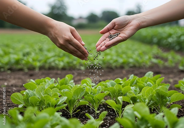 Obraz Hands Applying Granular Fertilizer to Lettuce Seedlings in Field
