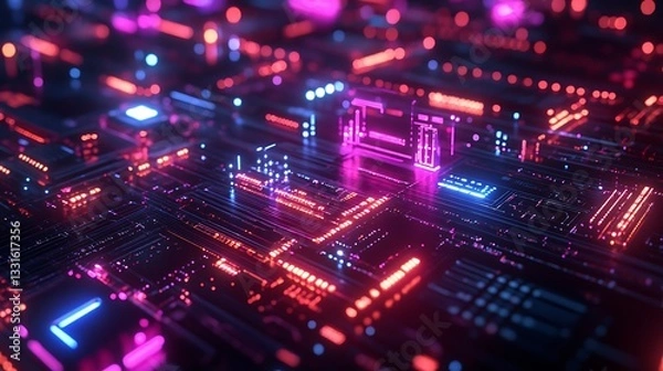 Obraz A high-tech digital economy landscape, blockchain-driven financial transactions connecting banks and crypto wallets, holographic UI elements, neon circuit pathways, deep futuristic color scheme,