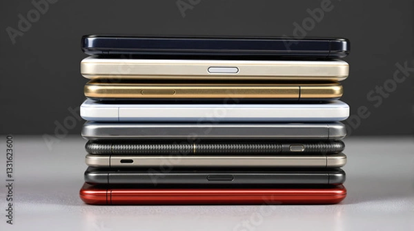 Obraz side view of multiple colors smartphones stacked, technology gadgets, mobile phones
