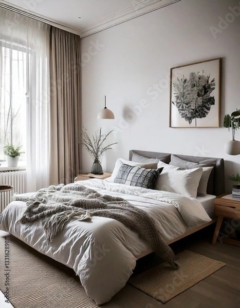 Obraz A calm, all-white bedroom with minimal decor and an uncluttered aesthetic.