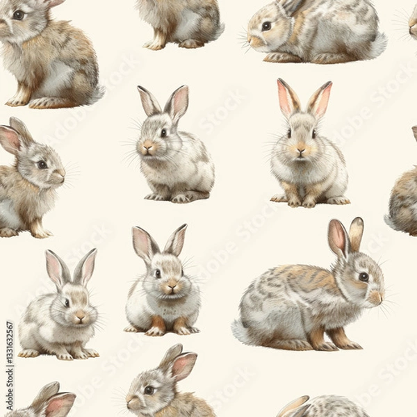 Fototapeta Seamless Rabbit Pattern - Cute Hand-Drawn Bunny Design, Pastel Colors, 100% Tileable