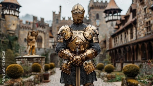 Fototapeta A medieval knight in shining armor, standing tall in a castle courtyard.  HD 8K wallpaper Photographic Image 