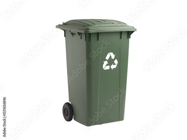 Fototapeta green recycling bin with visible white recycle symbol on front, featuring closed lid and two black wheels, designed for waste management and environmental sustainability