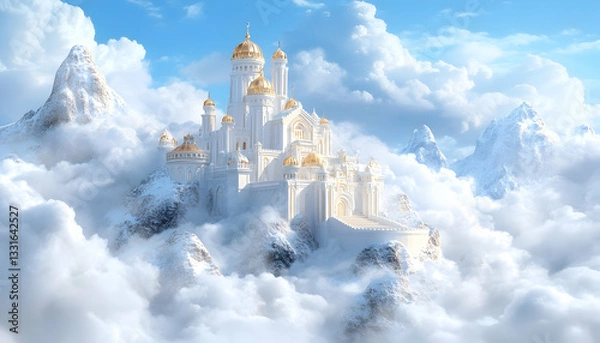 Fototapeta Majestic white castle perched atop snowy mountain peaks, floating amidst fluffy clouds