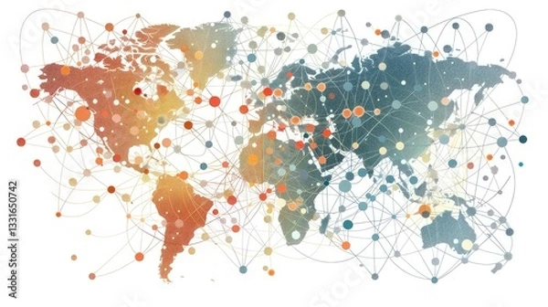 Fototapeta Global Network Connectivity Map with Colorful Data Points