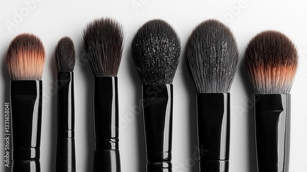 Fototapeta Closeup of Makeup brushes against a solid white background