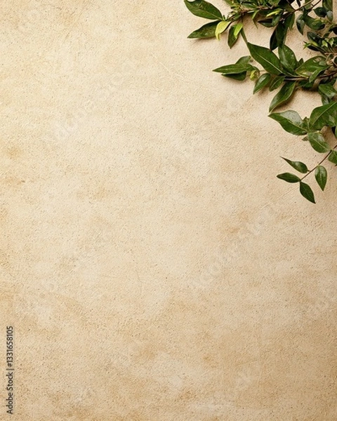 Fototapeta Natural Green Leaves on Soft Textured Beige Background for Creative Design and Decoration