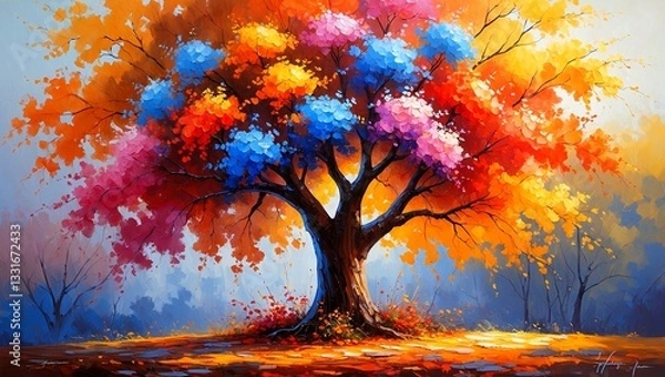 Fototapeta Vibrant autumn tree adorned with colorful flowers