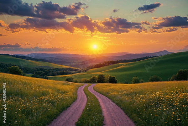 Obraz Beautiful summer mountain rural landscape; Panorama of summer green field with dirt road and Sunset cloudy sky.