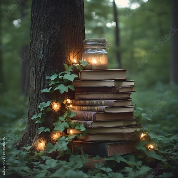 Fototapeta Enchanting forest book stack with candlelight
