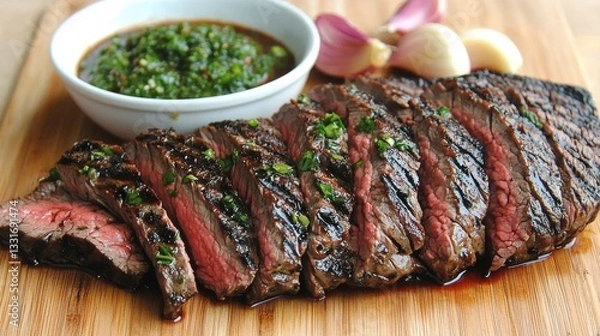 Obraz Grilled skirt steak sliced thin plated with chimichurri sauce