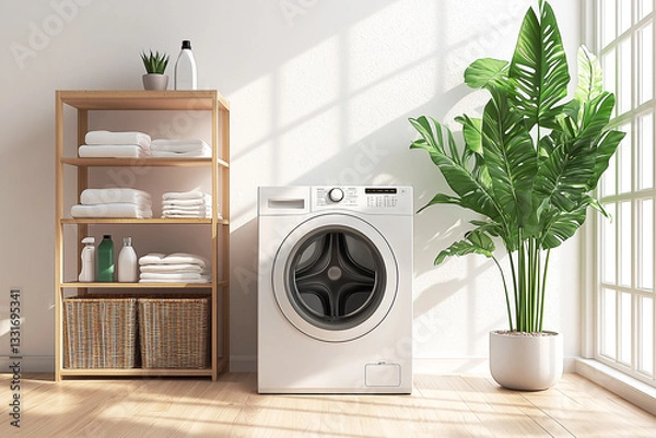Fototapeta Modern front loading washing machine with premium white cabinet with digital control panel, located in bright white room.