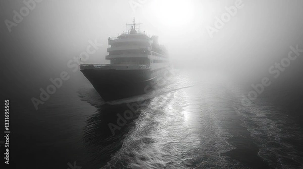 Fototapeta Cruise ship sailing in dense fog, ocean view.
