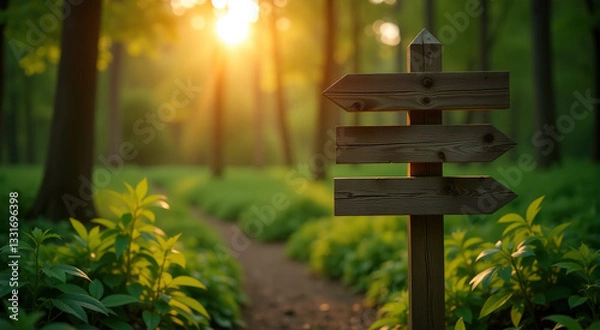 Fototapeta A wooden signpost in a forest path during sunset.  Peaceful and serene nature scene perfect for travel, adventure, or direction concepts.