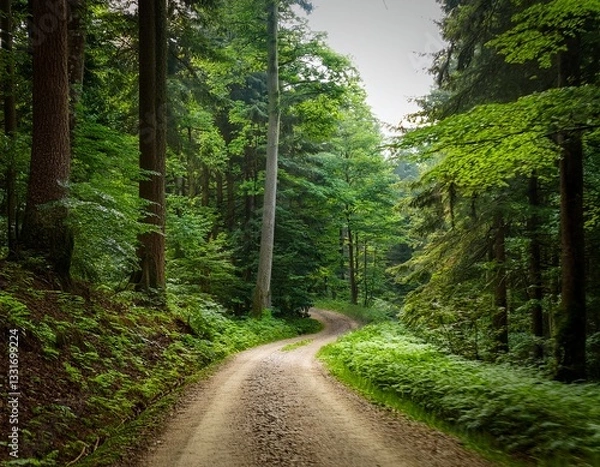 Fototapeta a winding dirt road disappears into the dense foliage of a lush forest with tall trees and vibrant greenery on either side rural landscape serene path
