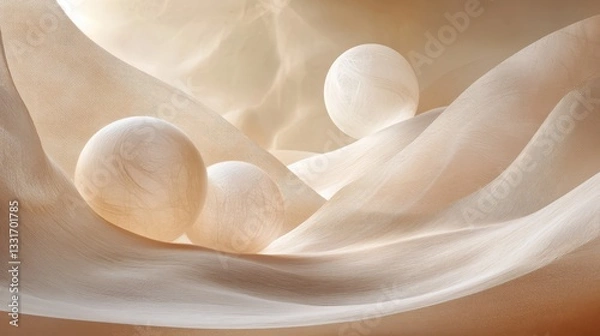 Fototapeta Abstract depiction of spheres arranged within flowing fabric patterns