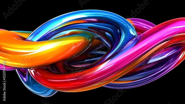 Fototapeta Colorful Swirling Abstract Waves with Reflections on Black Background