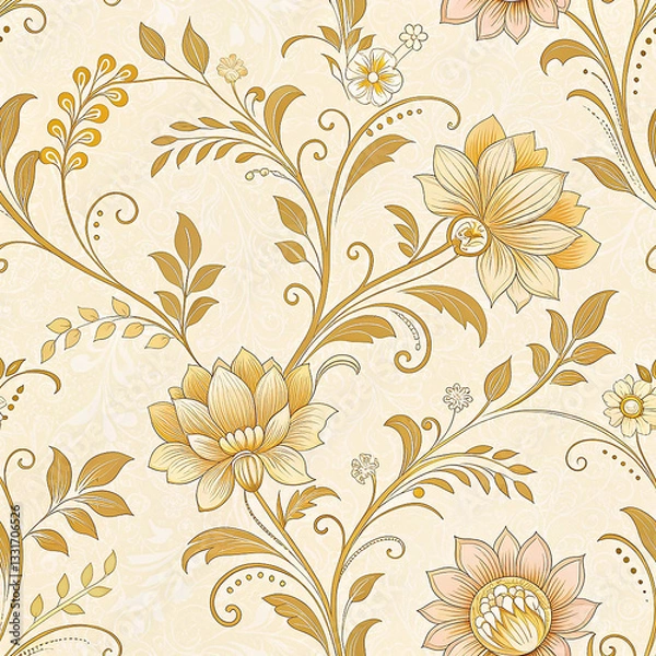 Fototapeta Soft cream and gold damask with romantic vine seamless pattern wallpaper background