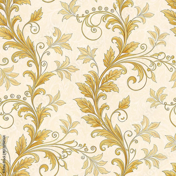 Fototapeta Soft cream and gold damask with romantic vine seamless pattern wallpaper background