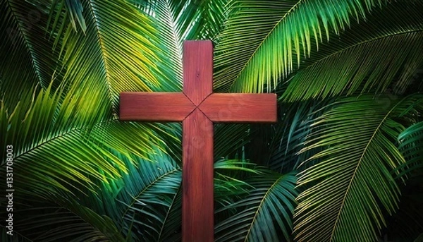 Fototapeta Christian Wooden Cross with Palm Leaves – Symbolic Background with Copy Space