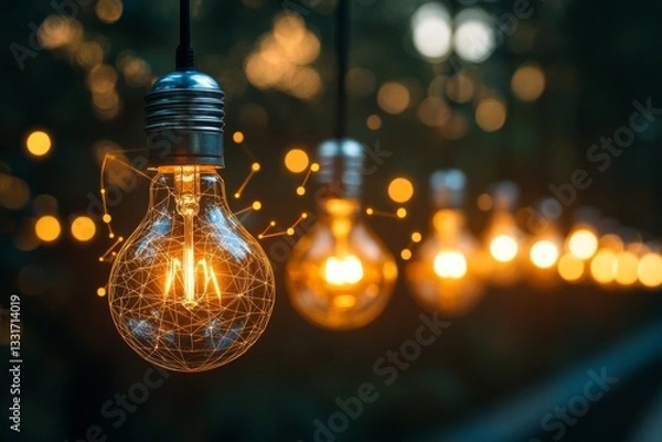 Fototapeta Twinkling string lights illuminate a forest pathway during early evening hours