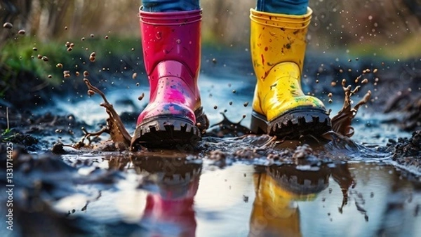Fototapeta Close-Up of Colorful Rubber Boots in a Puddle Illustration for Jump in Muddy Puddles Day