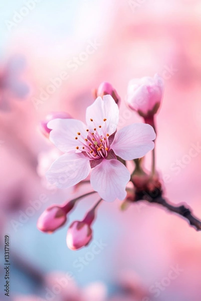Fototapeta Close-up of a pink cherry blossom with delicate petals and soft background