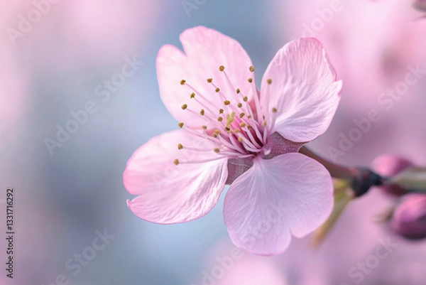 Fototapeta Close-up of a pink cherry blossom with delicate petals and soft background
