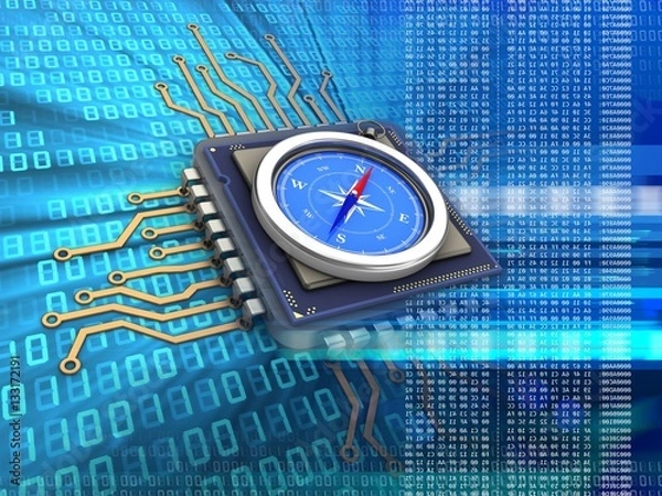 Fototapeta 3d illustration of electronic microprocessor over digital background with compass